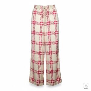 Uniqlo Women's Wide-Leg Plaid Satin Pants Ivory Red Drawstring Button Pockets